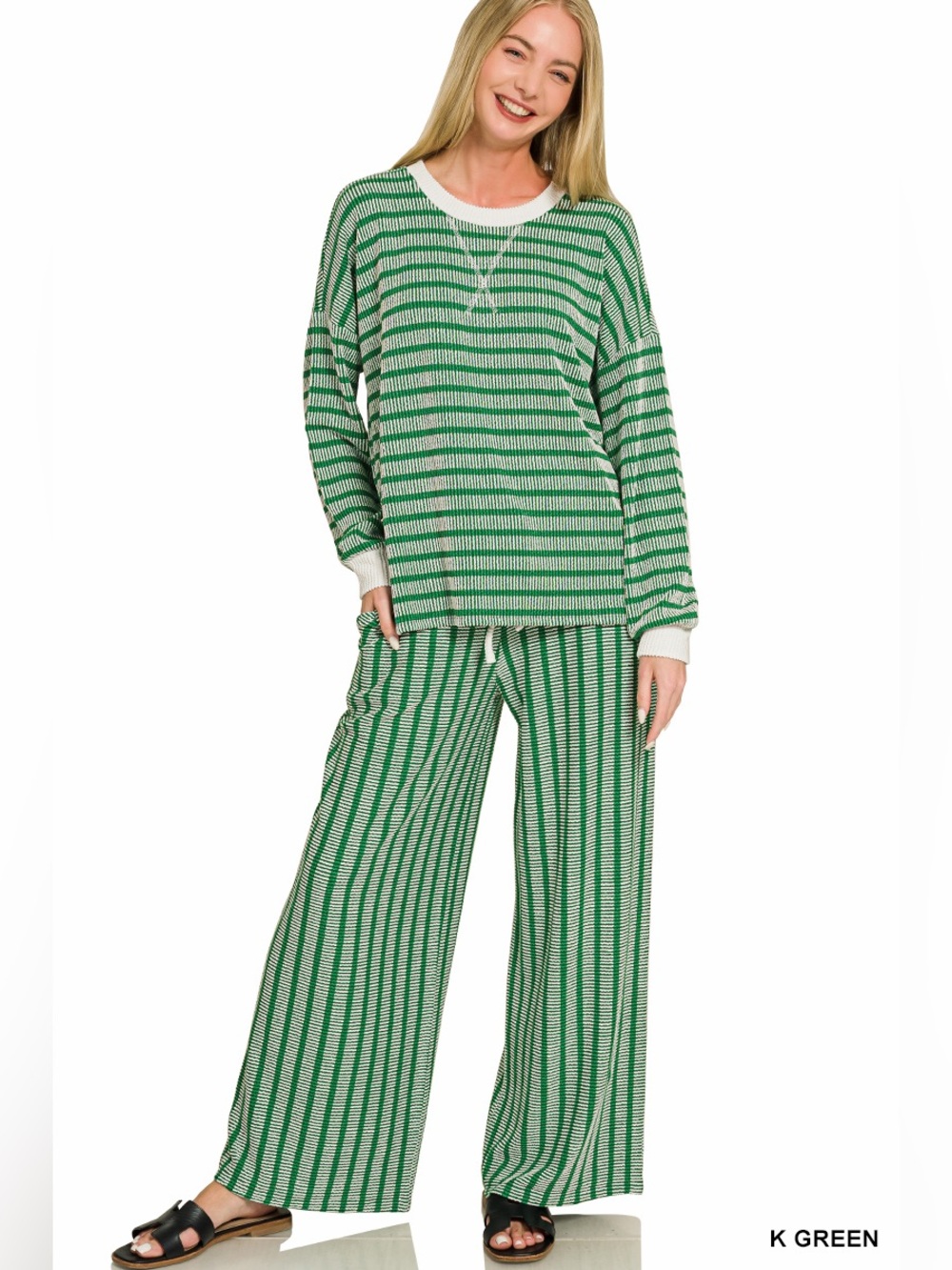 ZENANA RAISED RIB STRIPED PULLOVER & PANTS SET - KELLY GREEN